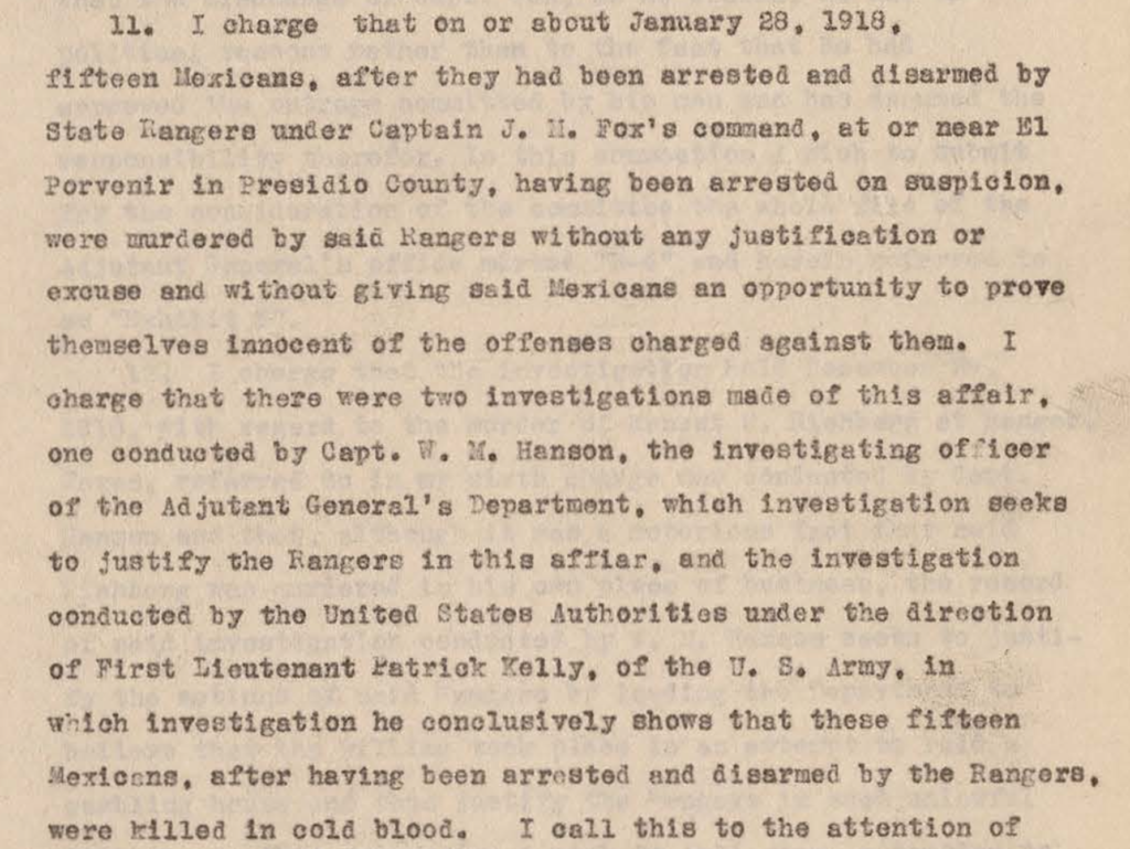 Canales Hearings, Volume 1, page 145. https://www.tsl.texas.gov/sites/default/files/public/tslac/treasures/images/law/1919rangerVolume1.pdf