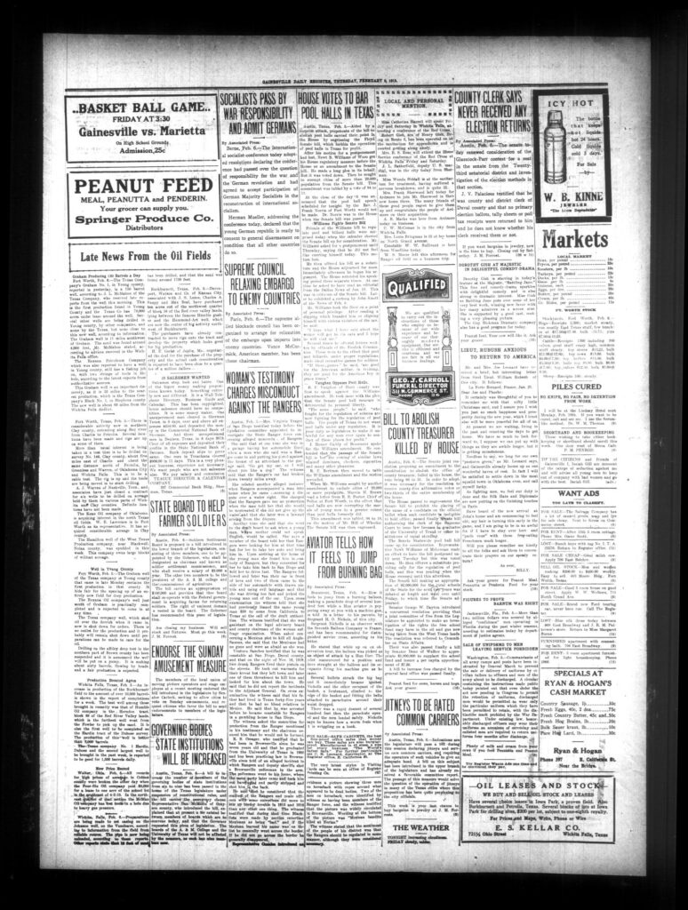 newspaper coverage of Virginia Yeager’s testimony, Gainesville Daily Resigster and Messenger 36: 172, February 6, 1919