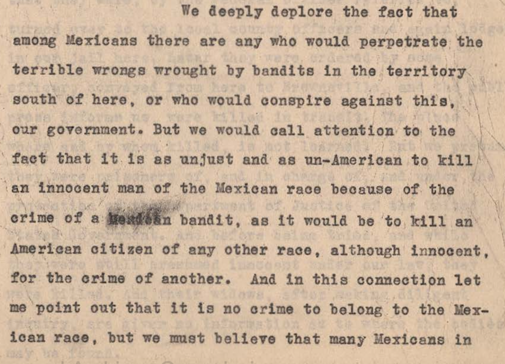 Text of the 1916 petition to the President and Governor from Kingsville, Texas that Thomas Hook helped to prepare. Canales Hearings, Volume 1, pages 246-7.  https://www.tsl.texas.gov/sites/default/files/public/tslac/treasures/images/law/1919rangerVolume1.pdf