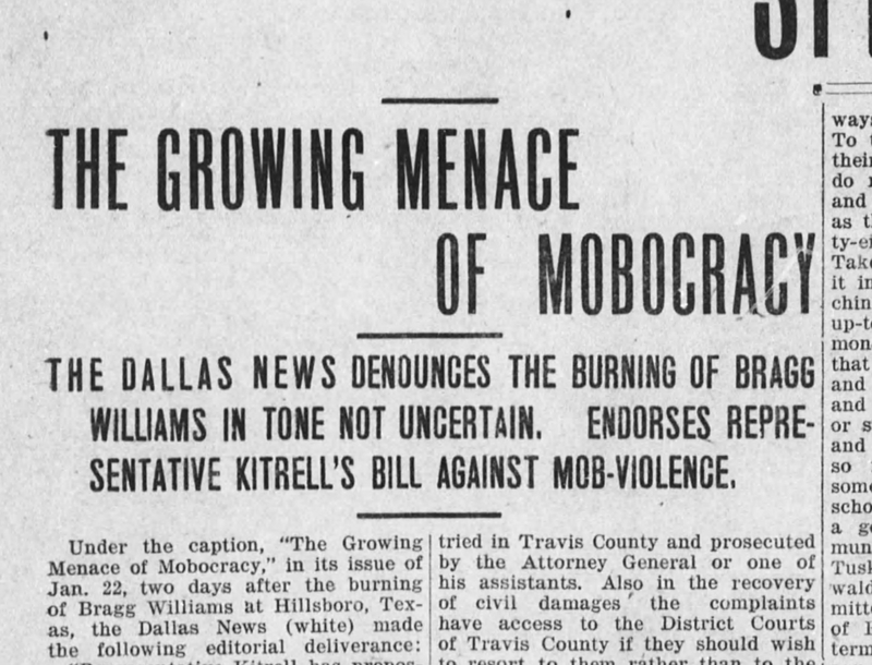 The Dallas News’ condemnation of the Williams lynching.  From the Lynching in Texas project, http://lynchingintexas.org/items/show/28