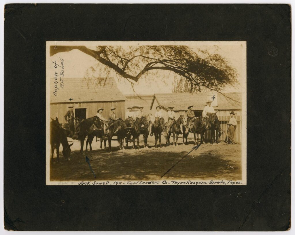 Ranger Captain J.J. Sanders, on horse under chimney, Laredo, 1911.  Portal to Texas History.  https://texashistory.unt.edu/ark:/67531/metapth704175/m1/1/