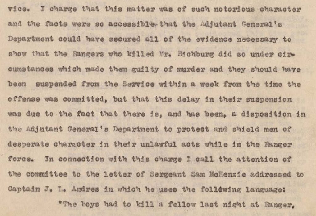 Canales’ allegation about killings in Ranger, Texas.  Text from Canales Hearings, Volume 1, page 132.  https://www.tsl.texas.gov/sites/default/files/public/tslac/treasures/images/law/1919rangerVolume1.pdf