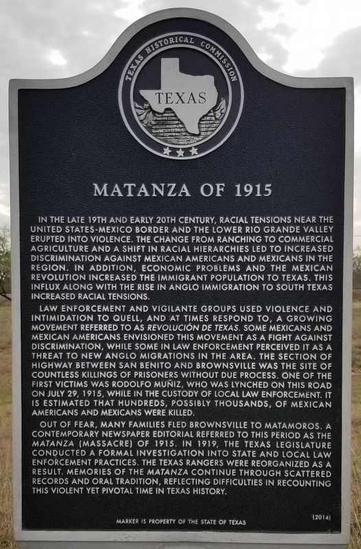La Matanza historical marker. Placed near the site of Adolfo Muñiz’s July 1915 lynching.  See https://www.hmdb.org/m.asp?m=167028] 