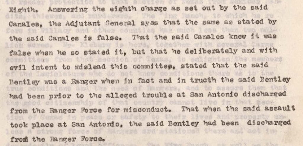 Adjutant General Harley’s charge that Canales was motivated by “evil intent.”  Canales Hearings, Volume 1, page 140.  https://www.tsl.texas.gov/sites/default/files/public/tslac/treasures/images/law/1919rangerVolume1.pdf