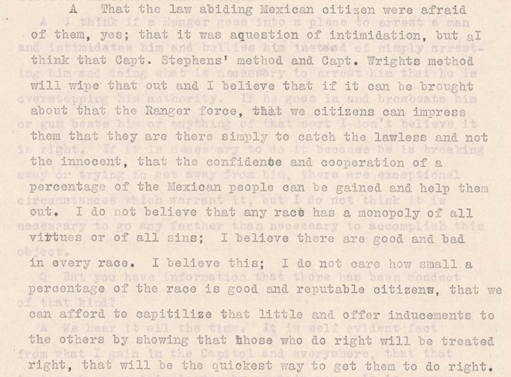 Alba Heywood testimony, Canales Hearings Volume 1, page 81.  https://www.tsl.texas.gov/sites/default/files/public/tslac/treasures/images/law/1919rangerVolume1.pdf