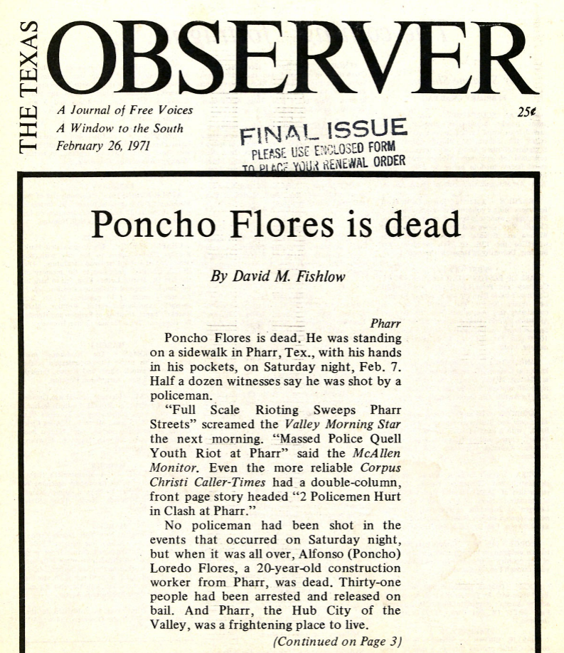 Front page of the February 26, 1971 edition of the Texas Observer featuring an front page article from byDavid M. Fishlow about the killing of Flores. 