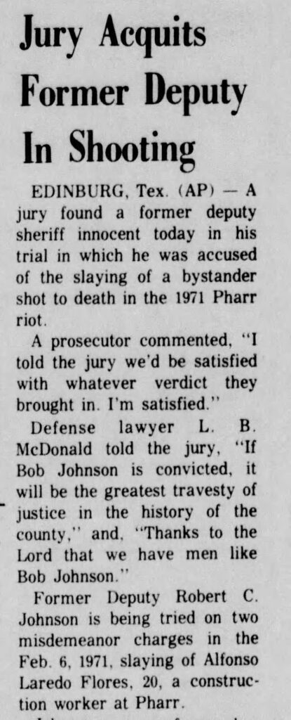 Report on the verdict from the Vernon Daily Record on February 8, 1973, two years after Deputy Johnson killed Loredo Flores