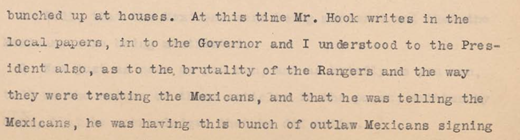 Ranger J.J. Sanders’ description of a petition from Kingsville residents that attorney Thomas Hook helped to prepare.  From Canales Hearings, 1396
