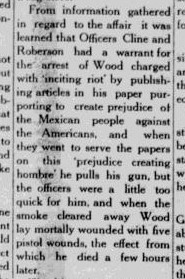 Screenshot of part of a scan of a newspaper article describing Wood’s arrest.