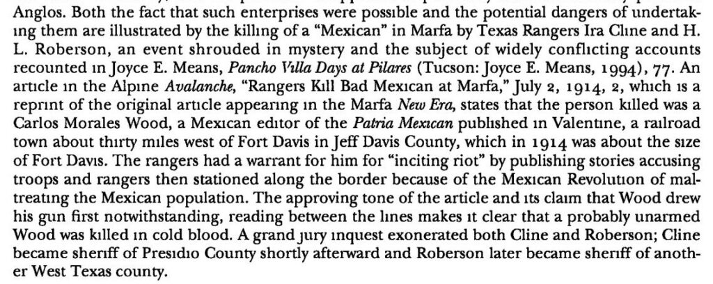 Screenshot of a footnote describing Wood’s killing. Despite calling the event “shrouded in mystery and the subject of widely conflicting accounts,” author Paul Wright concludes, “the approving tone of the article and its claim that Wood drew his gun first notwithstanding, reading between the lines makes it clear that a probably unarmed Wood was killed in cold blood.”