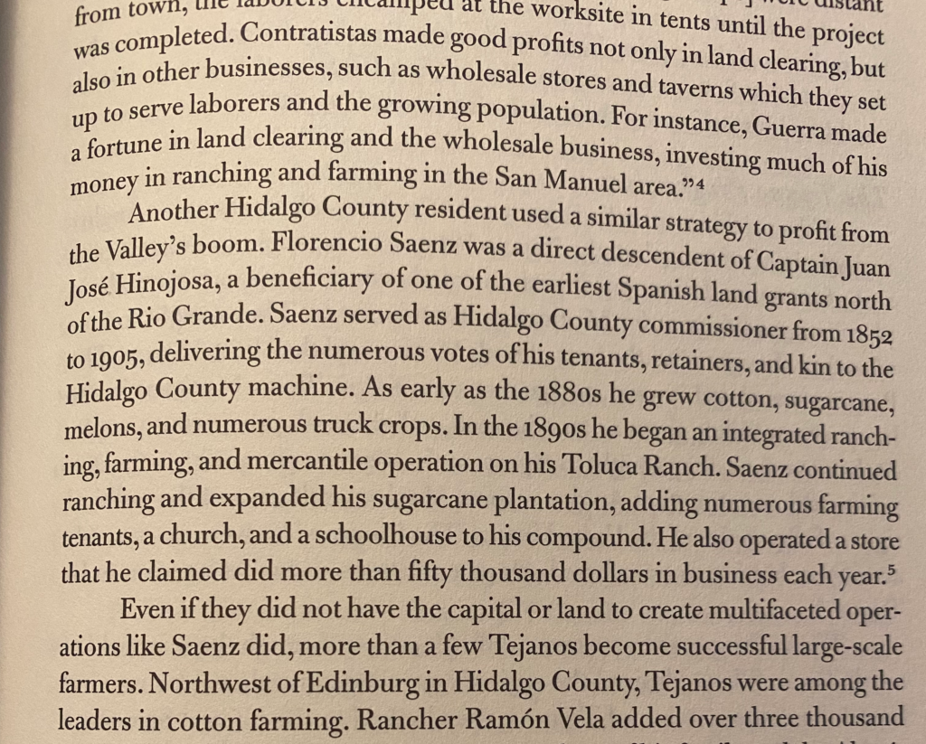 details of Florencio Saénz’s Hidalgo county enterprises.  From Benjamin H. Johnson, Revolution in Texas, p. 41.