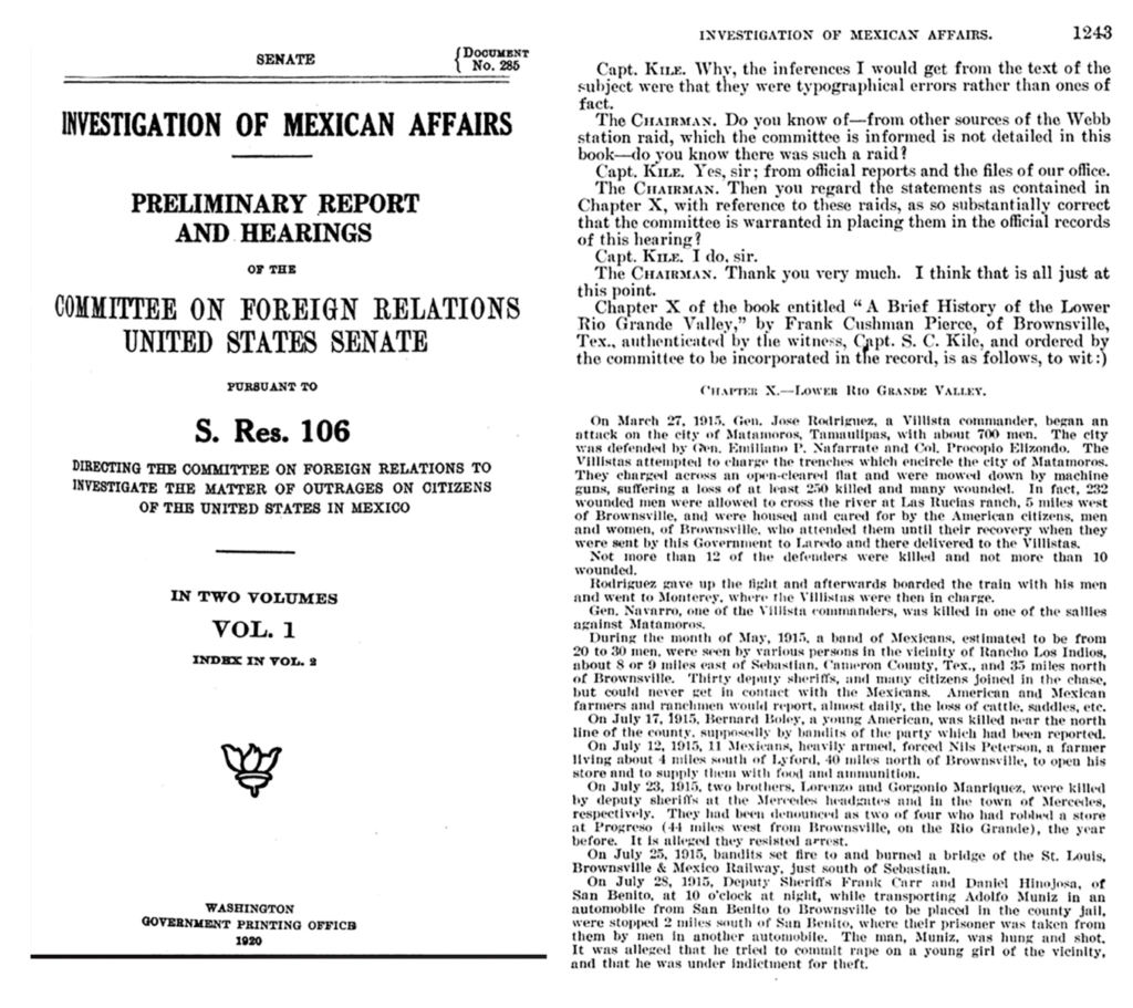 Excerpt from “Investigation of Mexican Affairs,” transcripts of US Senate Committee on Foreign Relations Hearings, 1920. https://www.lynchingintexas.org/items/show/876#&gid=1&pid=1