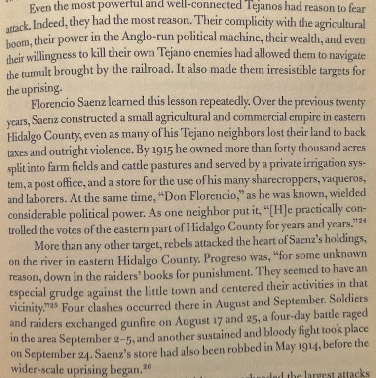 Details of the repeated Sedicioso attacks on Florencio Saenz’s holdings.  From Benjamin H. Johnson, Revolution in Texas, p. 83