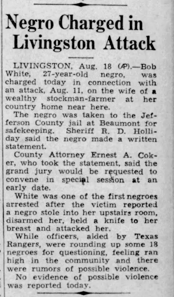 “Negro Charged in Livingston Attack,” Fort Worth Star Telegram, August 19, 1937.