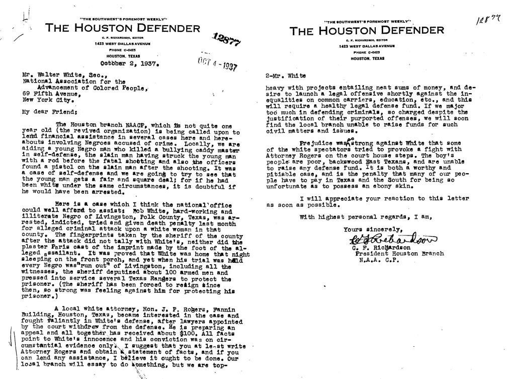 C.F. Richardson to Walter White, October 2, 1937, Papers of the NAACP, Part 08: Discrimination in the Criminal Justice System, 1910-1955, Series A: Legal Department and Central Office Records, 1910-1939, Group II, Series L, Addenda File: Legal File—Crime, Folder: White, Robert. 1937-1939, https://congressional.proquest.com/histvault?q=001530-016-0617&accountid=7065.