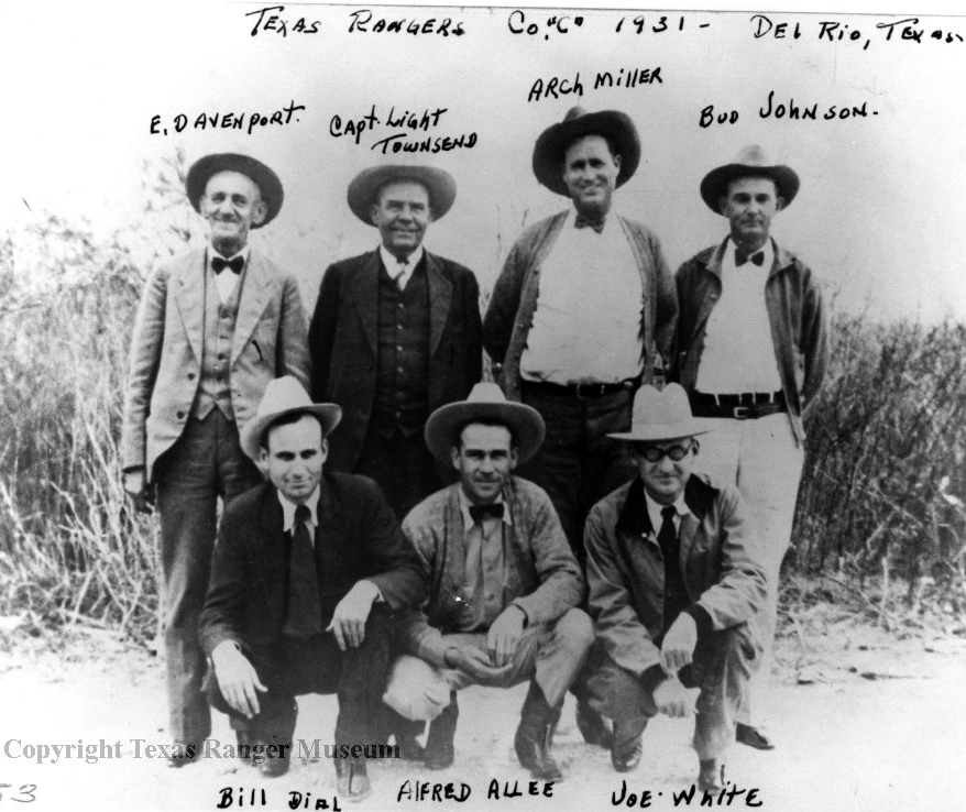 Seven Texas Rangers at Del Rio in 1931. E.M. Davenport is standing on the far left. Texas Ranger Hall of Fame and Museum, Waco, Texas. https://texasranger.pastperfectonline.com/photo/7CD1BF13-FB6A-4B34-A875-047557215195
