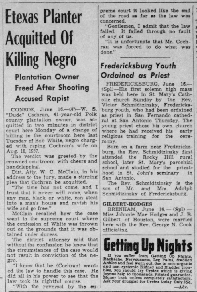 “Etexas Planter Acquitted of Killing Negro,” Austin American, June 17, 1941.