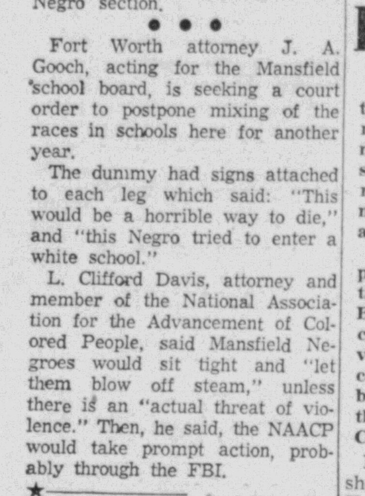 Excerpt of a newspaper article describing an effigy of a Black person hung with signs reading “This would be a horrible way to die” and “this Negro tried to enter a white school.”
