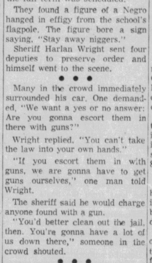 Newspaper clipping describing an effigy of a Black person hung on a flag pole and a white man who threated that “we are gonna have to get guns ourselves” if law enforcement tried to desegregate the high school.