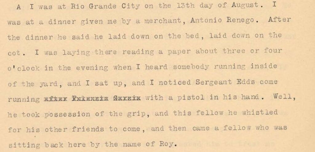Paragraph of typewritten text in which Farfán describes relaxing after dinner when Edds burst in with a gun and called reinforcements.