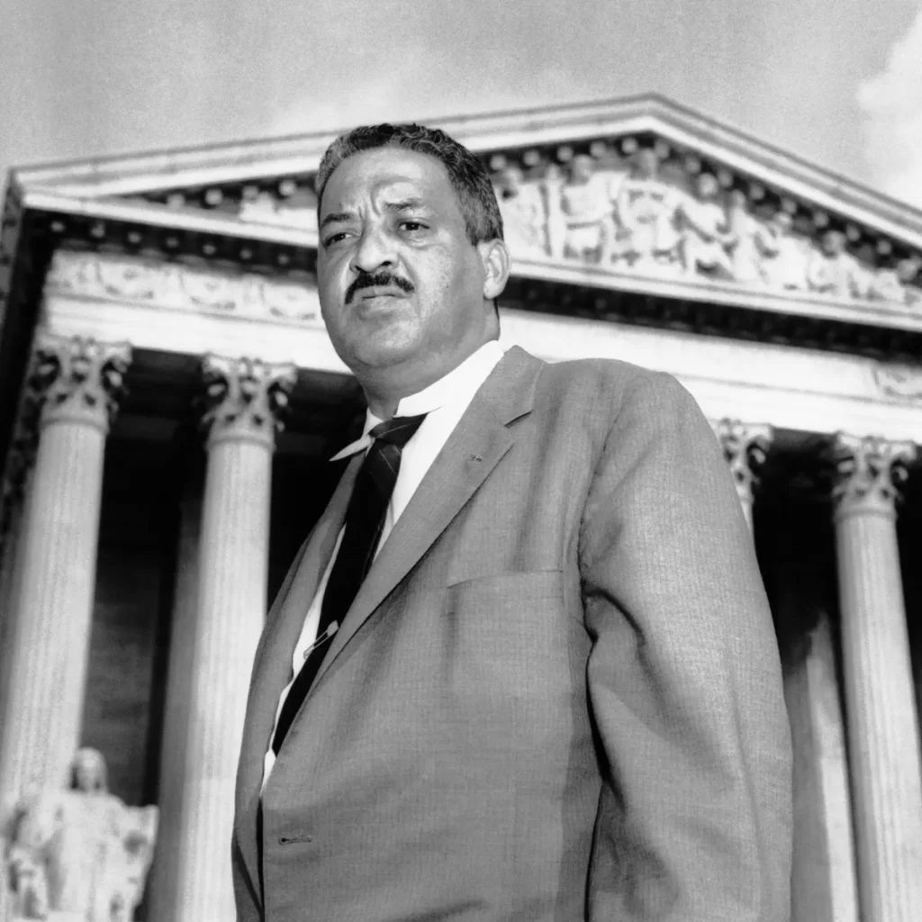 NAACP Chief Counsel Thurgood Marshall in front of the Supreme Court, undated.  Bettmann/Bettmann Archive.  https://www.theguardian.com/law/2017/oct/08/thurgood-marshall-film-biopic-supreme-court
