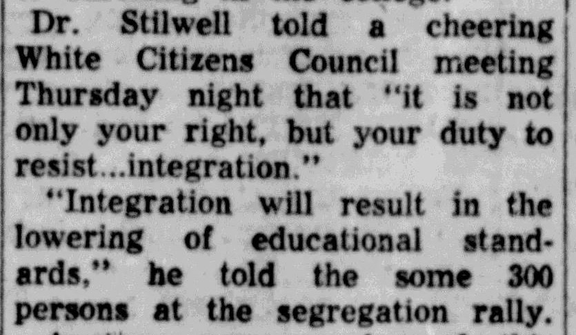 Clipping of a newspaper article quoting Stillwell’s speech including the quote used in this tweet and “Integration will result in the lowering of educational standards…”