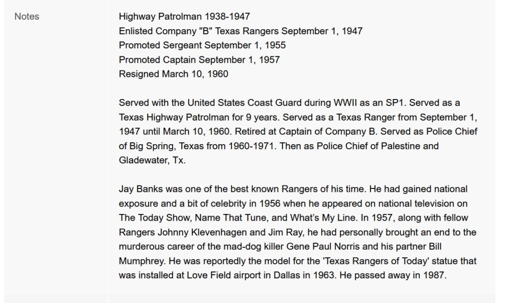 Screenshot of webpage with a short biography of Banks. The sentence about 1956 reads “He had gained national exposure and a bit of celebrity in 1956 when he appeared on national television on the Today Show, Name That Tune, and What’s My Line.”