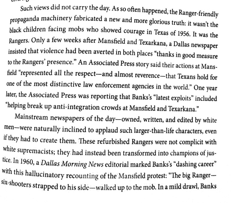 Screenshot of text on page 335 of the book Cult of Glory describing various newspapers that praised the Rangers’ actions at Mansfield and Texarkana.
