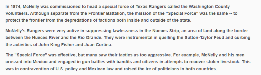 Screenshot from a website. Text describes McNelly’s Rangers as “aggressive” and mentions McNelly’s willingness to cross into Mexico to fight cattle raiders. The text also credits McNelly with “suppressing lawlessness” and reducing violence.